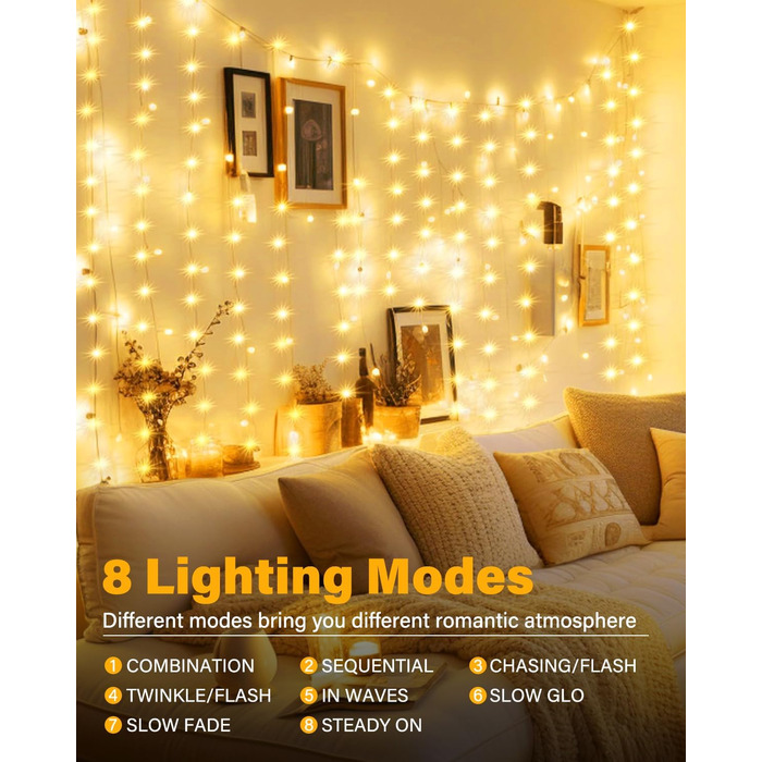 Ланцюжок-завіса світлодіодна 3x3м, 300 LED, USB, 8 режимів, пульт, IP65, тепле світло, для декору, свята, вечірки