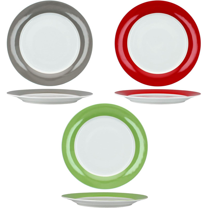MamboCat Tafelservice Trio 12tlg. - Посуд для 6 осіб (12 предметів) з порцеляни, зелений, червоний, сірий | Тарілки супові та обідні