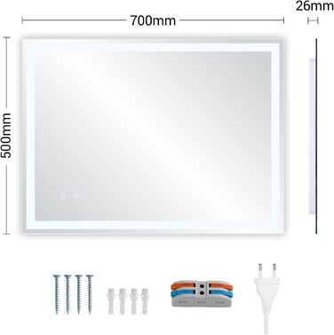 Дзеркало для ванної кімнати Clevich з підсвічуванням 70x50 см, LED, 3 кольори світла, диммування, загартоване скло, захист від вибуху, сенсорне управління, пам'ять, антизапар, 70L x 50B см