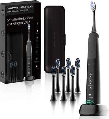 Електрична зубна щітка Tristan Auron Sonic Master (Чорний) Set 2: 55,000 VPM, 5 режимів, 60 днів акумулятора, з чохлом та 6 насадок. Без ризику – тестуйте 100 днів!