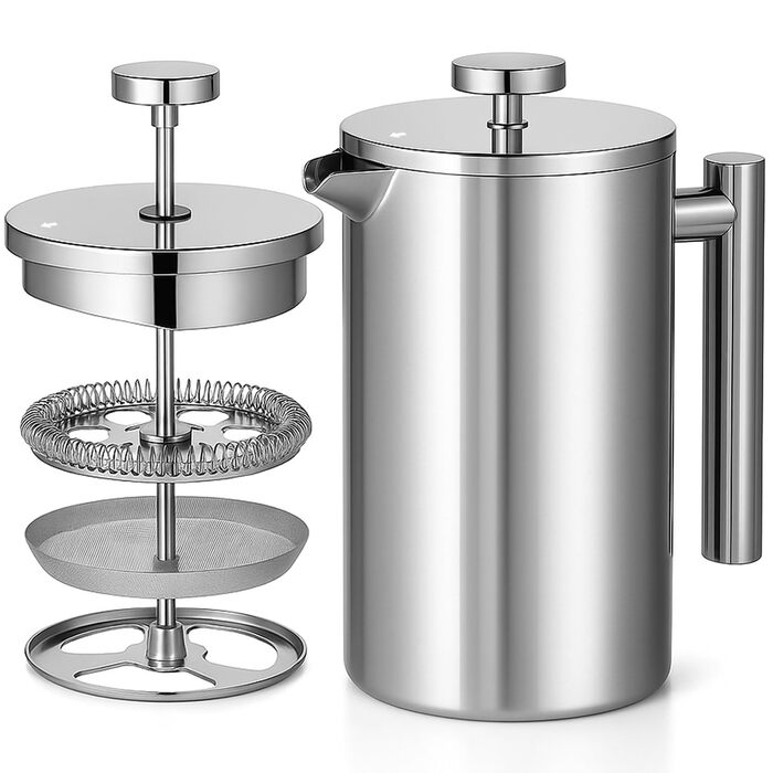 French Press Red Ember 1L з нержавіючої сталі - кавомашина з подвійними стінками, ізольована, нержавіюча, з 3-шаровим фільтром для насиченого смаку, ідеальна для дому та кемпінгу