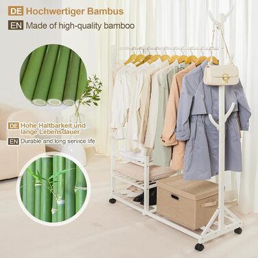 Yorbay Bamboo Clothes Rack with Wheels, Clothes Rail, 3 Shelves and 6 Hooks, Tree Shape, 100 x 38 x 176 cm (White)