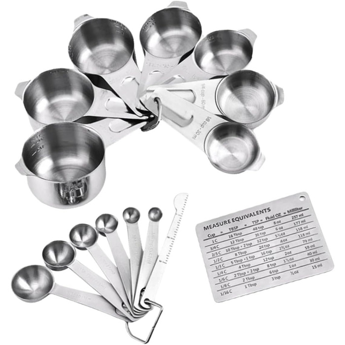 Cabilock Complete 15-Piece Stainless Steel Measuring Cup and Spoon Set. Detachable Design Without Handle. Accurate Measurement for Cooking and Baking.