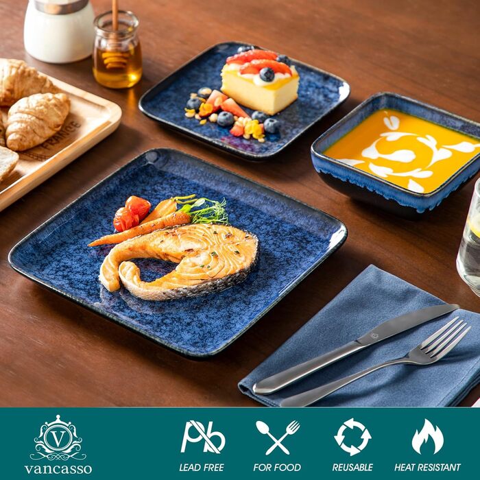 Набір посуду Vancasso Bonita 24 елементи, блакитний, кераміка, сервіз для 6 осіб, ручна робота, з візерунком спіралей