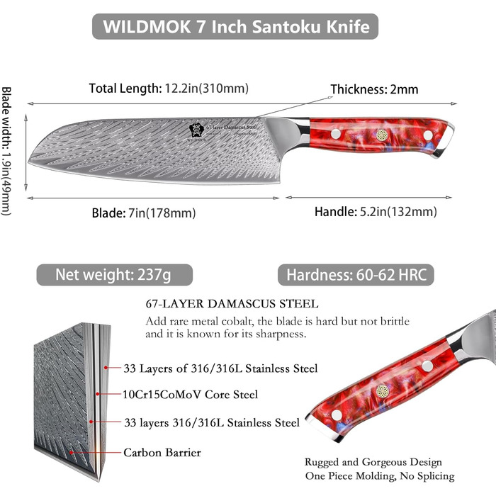 Ніж кухонний WILDMOK Santoku 17 см, професійний японський ніж з дамаської сталі VG10, червона рукоятка