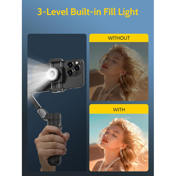 Стабілізатор для смартфона AOCHUAN 3-осьовий з функцією розпізнавання обличчя, вбудованим світлом та 1/4 дюйма різьбою. Підходить для iPhone 16/15 Pro, Android, TikTok-влогів. Чорний.