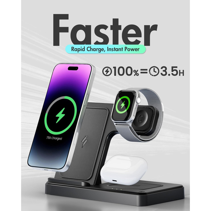 Бездротова зарядка 3-в-1 для Apple iPhone, Apple Watch, AirPods - компактна, для дому, офісу, подорожей