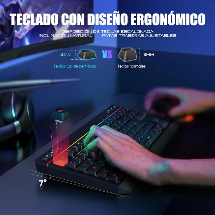 RedThunder K20 TKL Бездротова ігрова клавіатура, RGB-підсвічування, акумулятор, QWERTY ES-клавіатура, 6 мультимедійних клавіш, USB для PC/Mac