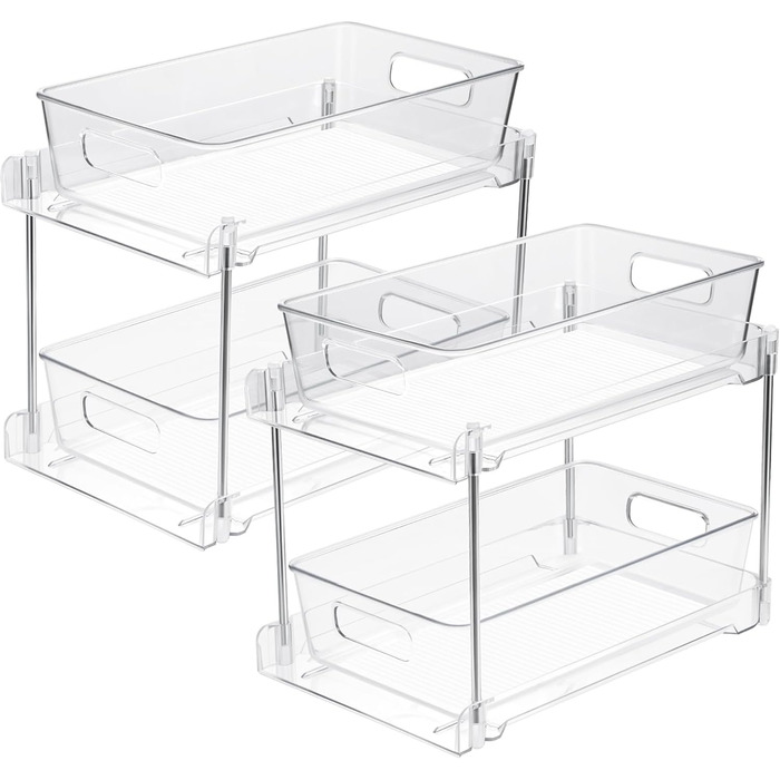 Cinnani 2 Pack 2-Tier Under Sink Shelf, Kitchen Cabinet, Refrigerator, Under Cabinet Organizer, Multifunctional Acrylic with Sliding Drawer Kitchen Shelf for Food Storage Containers, Spice Rack, Cosmetics