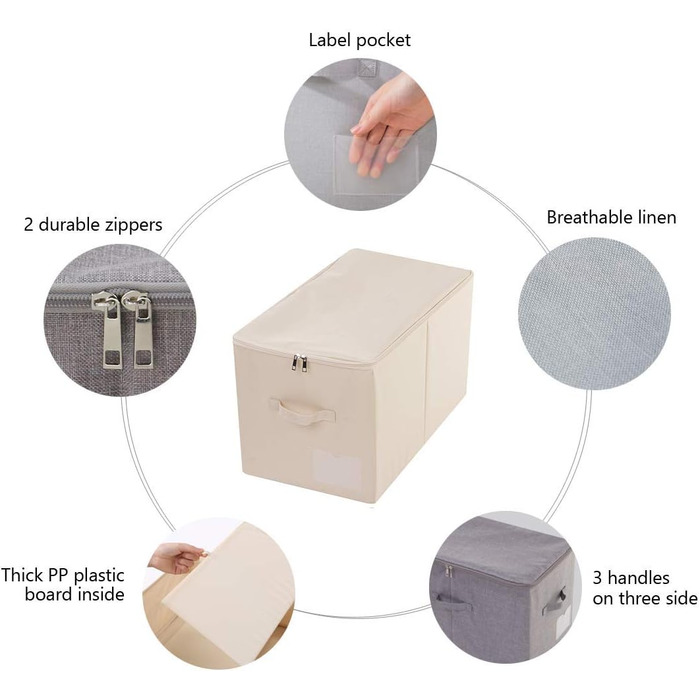 Amonseen 2 Large Foldable Fabric Storage Boxes with Zipper Lid for Queen/King Size Bedding, Winter Clothes in Bedroom Closet, Beige