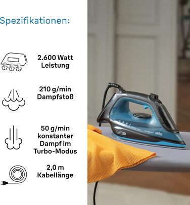 Праска з парою Braun FreeStyle 5 SI 5037 VI - потужний відпарювач з підошвою Freeglide 3D, вертикальним подачею пари, 2700 Вт, 200 г/хв, резервуар 330 мл (чорний/синій)