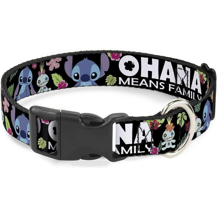 Нашийник Buckle-Down з пластиковим кліпом - Ohana Means Family/Stitch & Scrump Poses/Тропічні квіти. Чорний/Білий/Багато кольорів. Ширина 2.5 см. Підходить для шиї 38-66 см. Великий
