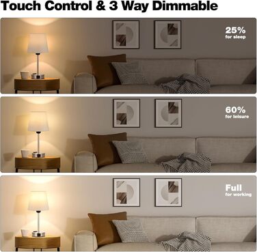 Настільна лампа Kakanuo з торшетом, 2 шт., з USB-портами та диммуванням, для спальні, вітальні, дитячої кімнати, офісу, тканинний абажур, колір: сірий-сріблястий