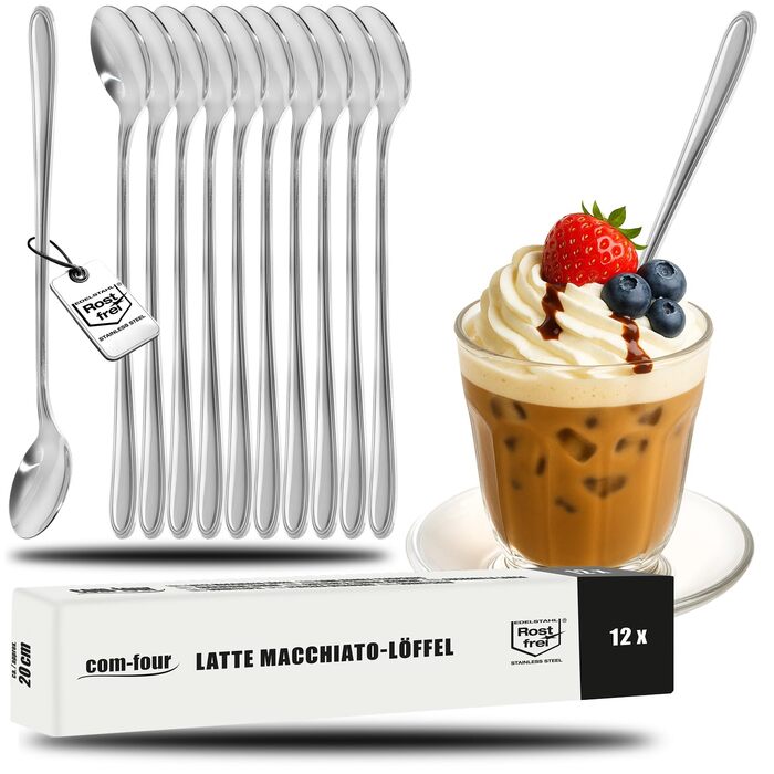 Набір барних ложок COM-FOUR® з нержавіючої сталі (12 шт.) - 20 см, для коктейлів, лате макіато, десертів