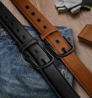 Чоловічі ремені KEMISANT 2 шт. в наборі, шкіряні, регульовані, 38 мм, 7 отворів, для подарунка, чорний/оранжево-коричневий