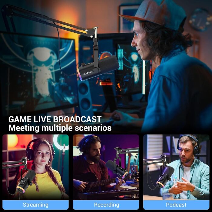 Ігровий мікрофон FDUCE з USB/XLR підключенням для запису подкастів, стрімінгу та співу з RGB-підсвічуванням, регулятором гучності та навушником, з кріпленням-жабою (D30+)