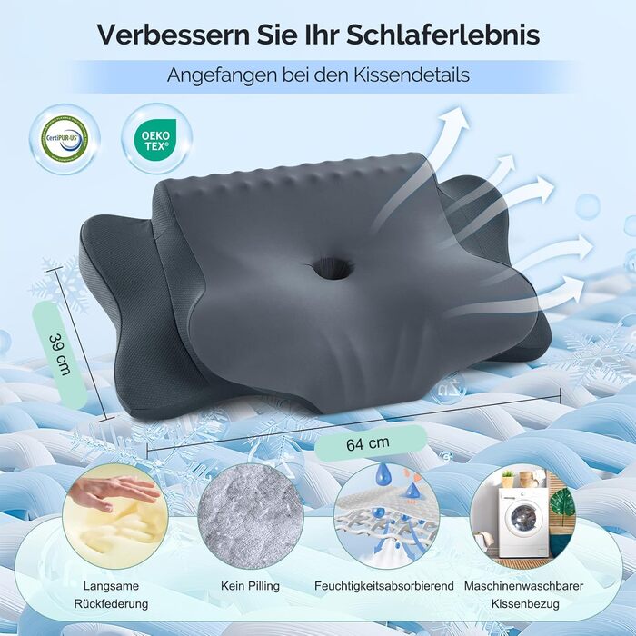 Подушка для шиї FAIORD, подушка з піною з пам'яті, ергономічна подушка для сну, подушка для підтримки шиї для тих, хто спить на боці, спині та животі, темно-сіра, 64 x 39 x 13 см