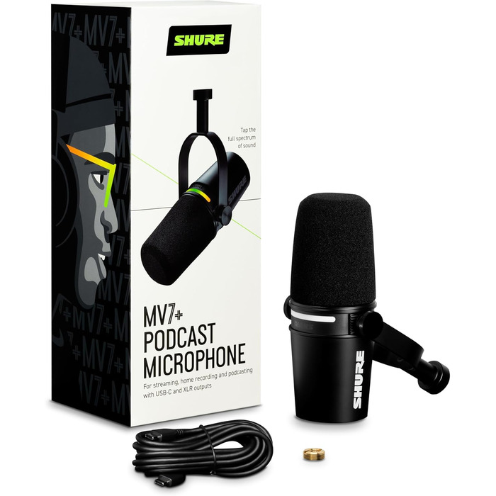 Shure MV7+ Повний комплект для подкастингу: USB/XLR мікрофон, LED-сенсор, автоматичне регулювання, цифровий поп-фільтр, ефекти реверберації - Білий