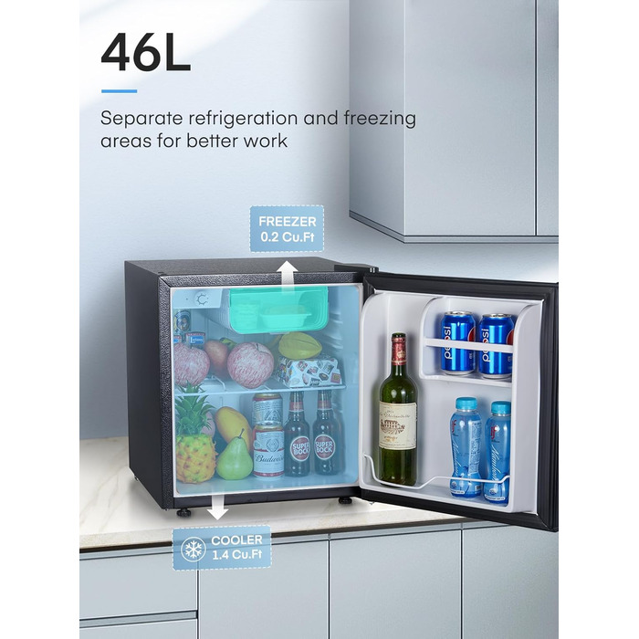 Міні-холодильник 46л з відділенням для льоду, чорного кольору. Енергоефективний, з регулюванням температури та змінним напрямком відкривання дверцят. Ідеально підходить для кухні, офісу, спальні, готелів та невеликих квартир.