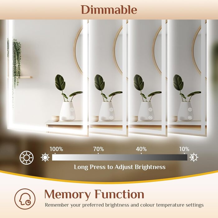 Дзеркало для ванної кімнати Clevich з підсвічуванням 70x50 см, LED, 3 кольори світла, регулювання яскравості, захист від вибуху, сенсорне керування, пам'ять, антизапар, для ванної кімнати