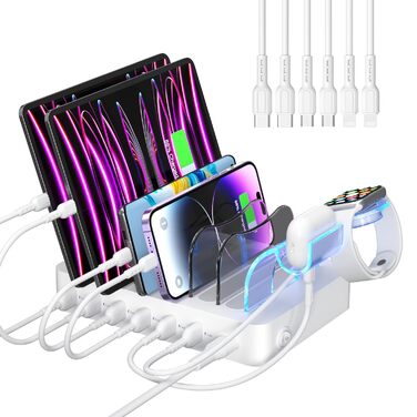 Зарядна станція SooPii USB з органайзером на 6 портів 50W, 6 кабелів, тримач для Apple Watch, біла