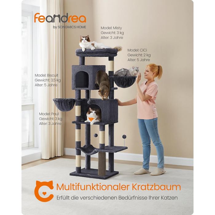Кігтеточка Feandrea, 175 см, XL, багатоярусна з 2 будиночками, 2 лежаками, 5 кігтеточками, щіткою для котів, великою платформою, темно-сіра
