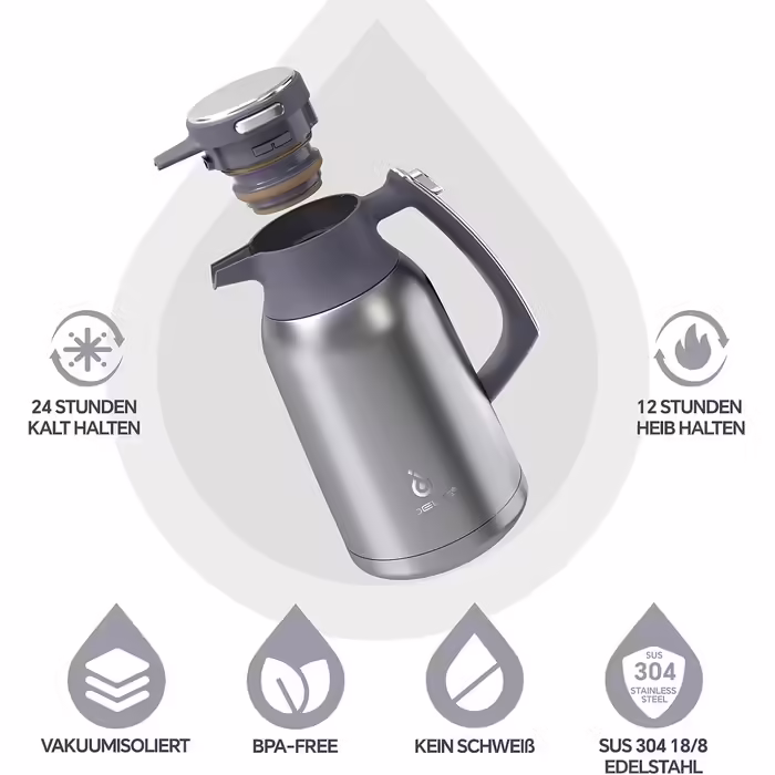 IDEUS Coffee Pot, Double-Walled Vacuum Insulation Insulated Carafe, 2 Liter, Stainless Steel, Thermos Keeps Drinks Hot for 12 Hours, Pot for 15-20 Cups, Silver