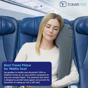 Travelrest Ultimate Travel Pillow for Neck and Body, Airplane and Car Seats, Inflatable, Space-Saving, for Sleeping on Long Flights, Naps on Road Trips, for Car and Bus Travel, Gray