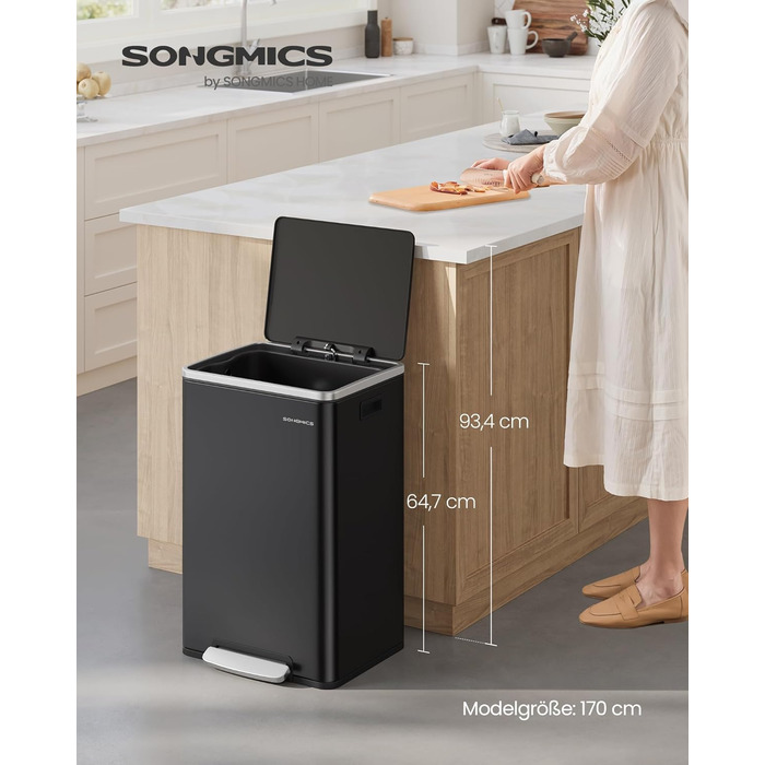 Відро для сміття SONGMICS 50 л, нержавіюча сталь, знімний внутрішній відро, Softclose, LTB595E01 (чорний)