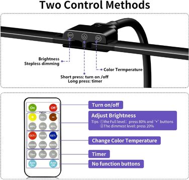 LED лампа для столу з двома головками, регульована яскравість, з пультом дистанційного керування, захист очей, для офісу та дому, денне світло, чорний