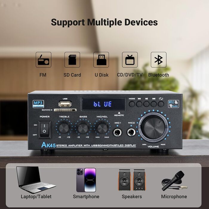 NEOHIPO HiFi-усилювач AK45 Mini, Bluetooth стерео аудіоусилювач 400Вт, 2-канальний, цифровий, з FM-радіо, SD/USB, для дому або авто, чорний