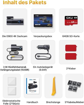 Відеореєстратор GKU 4K+2.5K з Wi-Fi 5GHz, GPS, Нічне Бачення STARVIS, IPS-дисплеєм 1.5', 24h парковка, 360° обертання, 64GB SD-карта, чорний