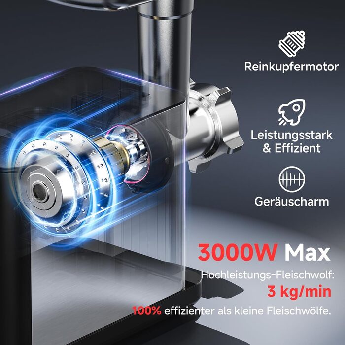 М'ясорубка електрична AAOBOSI 3000W з LED-дисплеєм, 3 швидкості, анти-затор, контейнер для зберігання, для ковбас та кібе, срібляста