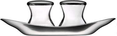 WMF Wagenfeld Shaker Set, 3-piece, Max and Moritz, shaker with plate, salt shaker, pepper shaker, glass, brushed Cromargan stainless steel, dishwasher safe