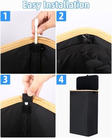 Laundry Basket with Lid 100L, Laundry Box with Bamboo Handles and Inner Pocket, Bamboo Laundry Collector, Large Capacity, Laundry Baskets, Foldable Laundry Baskets for Laundry Room, Bedroom, Bathroom (black)