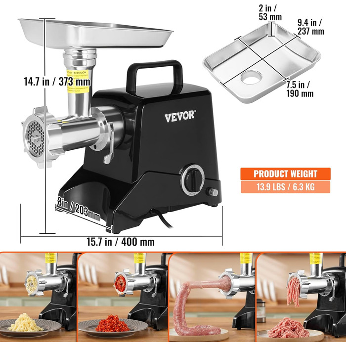 VEVOR 1100W Electric Meat Grinder - Stainless Steel, 250kg/hr - Commercial Meat Processing Machine for Restaurant, Butcher Shop, Supermarket