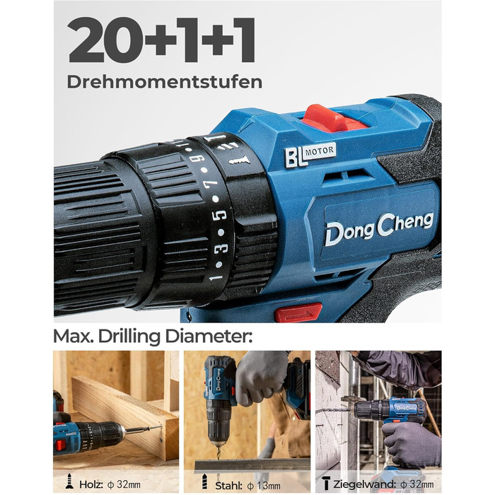 Акумуляторний ударний дриль-шуруповерт DongCheng 18V 50Nm, безщітковий, комплект 19 шт.