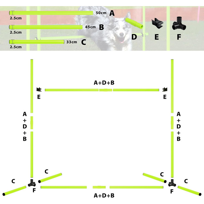 Набір для аджиліті для собак: перешкоди, стрілки для слалому, обладнання для тренувань. Регульована висота, 104x70x101 см, зелений