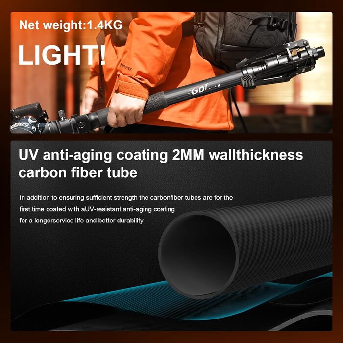 Монопод COMAN M1S з підставкою, 165 см, карбонове волокно, 360° поворотна голова, для камер Sony, Canon, Nikon, DSLR, максимальне навантаження 10 кг