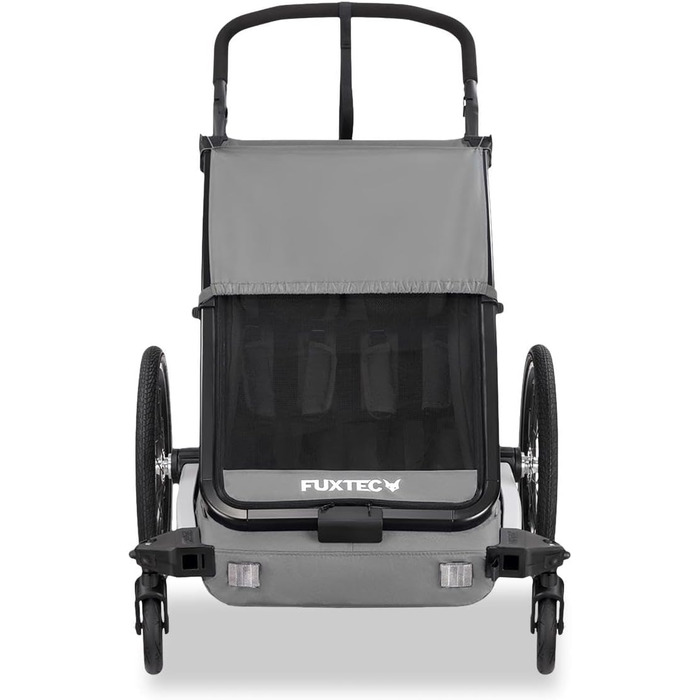 Причіп для велосипеда Fuxtec Sportfux на 2 місця, з багажником, відбивачами, ручкою-штовхачем, захистом від дощу та сонця, складний, фіолетовий FX-FA1 (сірий)