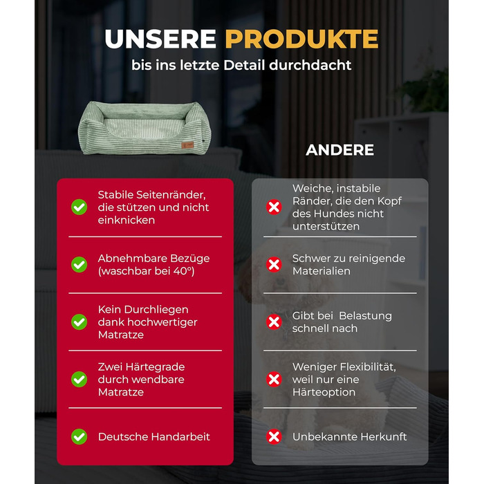 Ортопедичне ліжко для собак HS-Hundebett® Deluxe Cord M (70x90 см) – Зелене ліжко з memory foam для великих собак, миється, не слизьке, Made in Germany