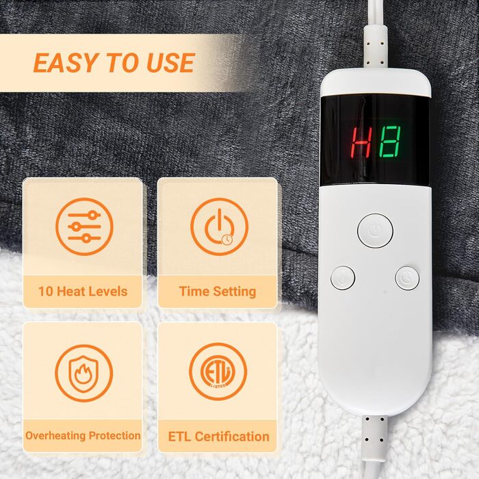 Електрична ковдра з підігрівом 180x200 см, 10 режимів нагріву, таймер автовимкнення, захист від перегріву, машинне прання, для теплих ночей, темно-сірий колір