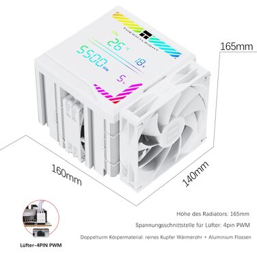 Кулер для процесора Thermalright Peerless Assassin 140 Digital White, двовежевий, 6 теплових трубок, 2 PWM вентилятори, з цифровим дисплеєм, для AM5, Intel LGA1851/1700, білий