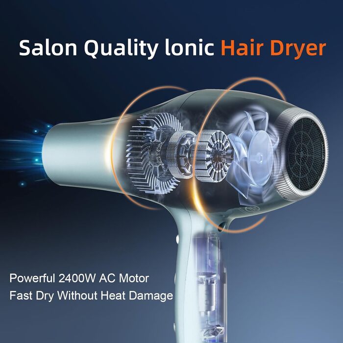 Фен Basuwell Ionen Pro 2100W з дифузором: 3 режими, 2 швидкості, інфрачервовий, AC-двигун (срібний)