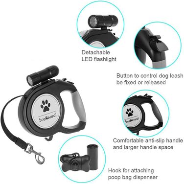 Висувна поводок для собак SCENEREAL – 7.8 м, з LED-ліхтариком та дозатором для відходів, до 50 кг, для середніх та великих собак