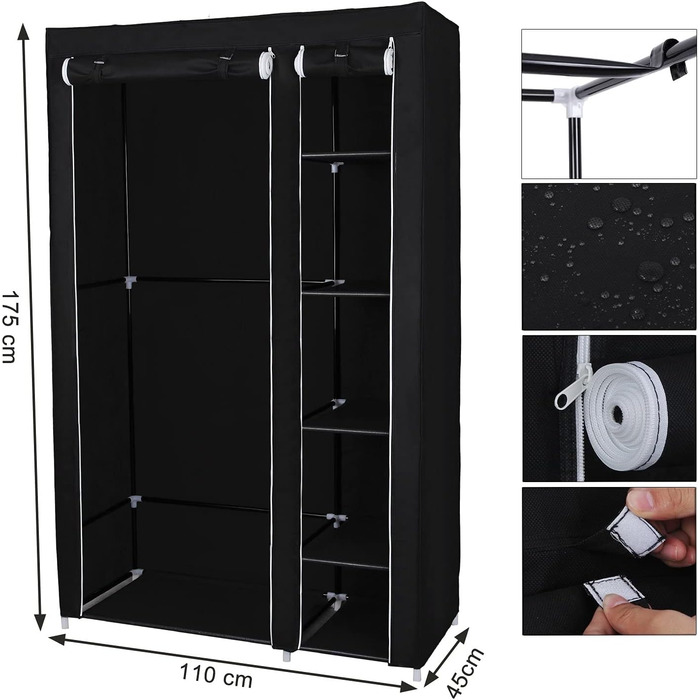 SONGMICS Fabric Wardrobe, XL, Clothes Closet, Folding Wardrobe, Camping Closet with Clothes Rail, 110 x 175 x 45 cm, Black, LSF007
