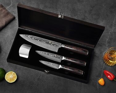 Набір кухонних ножів Wakoli EDIB Essentials Damast 3-частини: ніж шеф-кухаря, ніж для овочів, універсальний ніж з високоякісної сталі Damast VG10, твердість 60 HRC, захист пальців, подарункова дерев'яна коробка
