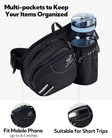 Спортивна поясна сумка Waterfly з тримачем для пляшки, чорна. Для бігу, велоспорту, кемпінгу, подорожей та інших активностей.