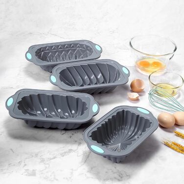 Tongude 45-Piece Silicone Baking Mold Set, 4-Cup Silicone Baking Pan for Baking Bread, Ribbed Cupcake, Non-Stick Kitchen Baking Molds, with Measuring Cup and Spoon Set, gray
