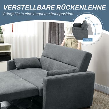HOMCOM Sleeper Sofa, 2-Seater, Convertible, Up to 200 kg, Wooden Frame, 155x90x88.5cm, Dark Grey